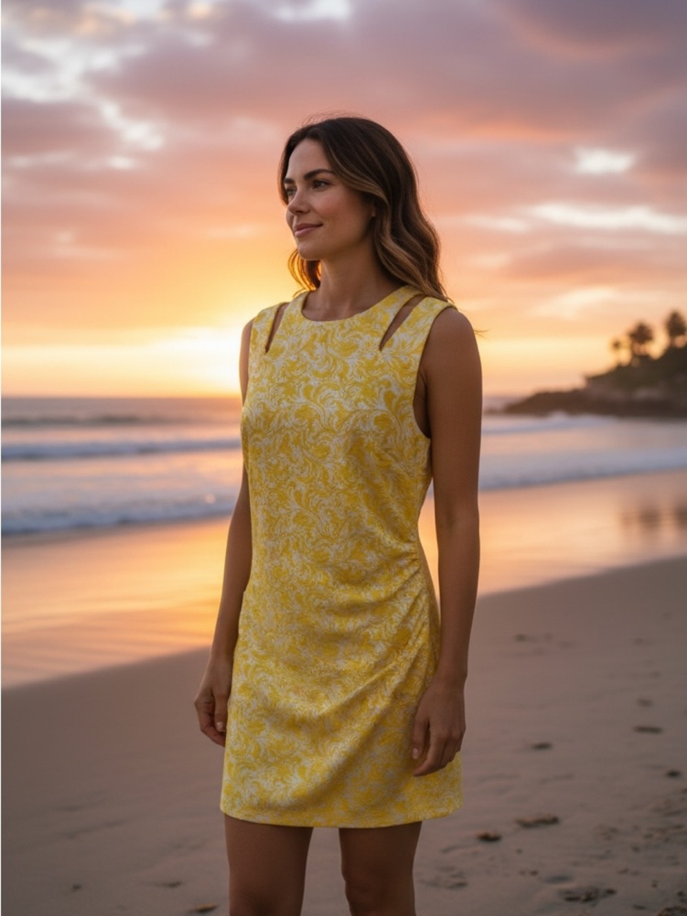 CACHE YELLOW JACQUARD FLORAL CUT OUT SLEEVELESS SHEATH DRESS SIZE 14